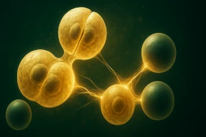 Elegant visualization of stem cells and immune system symbolizing the awakening of natural regeneration and defense capabilities supported by Roanga Planet deer velvet