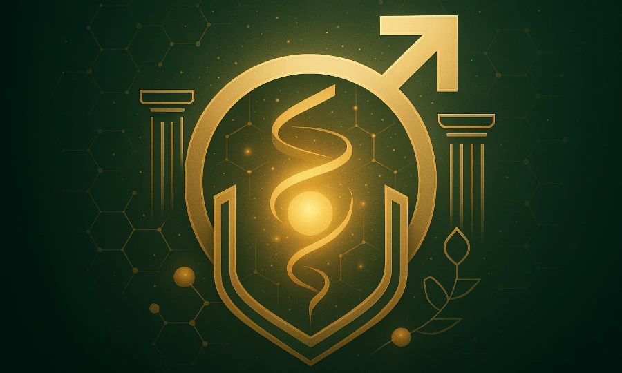 Abstract visualization of male vitality and dynamic energy symbolizing restored hormonal balance and natural performance supported by Roanga Planet products