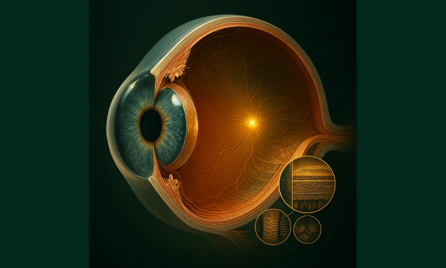 Sophisticated visualization of a healthy eye and visual system symbolizing comprehensive protection and crystal clarity of vision supported by Roanga Planet deer velvet