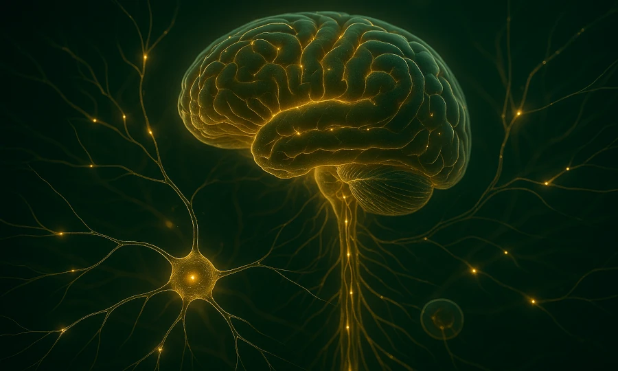 Elegant visualization of a healthy brain symbolizing mental clarity and nervous system resilience supported by natural bioactive substances from Roanga Planet