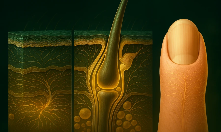 Detailed visualization of healthy skin, hair, and nail structure symbolizing radiant beauty emanating from within thanks to the natural support of Roanga Planet deer velvet