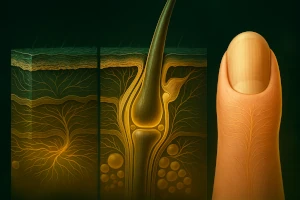 Detailed visualization of healthy skin, hair, and nail structure symbolizing radiant beauty emanating from within thanks to the natural support of Roanga Planet deer velvet