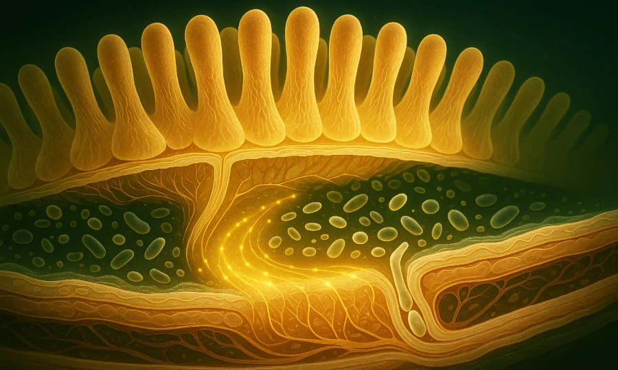 Sophisticated visualization of a healthy digestive system symbolizing perfect harmony and maximum nutrient absorption supported by Roanga Planet deer velvet