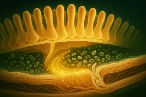 Sophisticated visualization of a healthy digestive system symbolizing perfect harmony and maximum nutrient absorption supported by Roanga Planet deer velvet