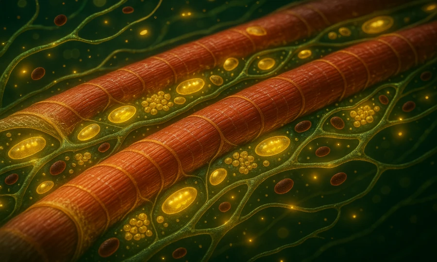 Precise visualization of healthy muscle structure and energy processes symbolizing natural strength and enhanced endurance supported by Roanga Planet deer velvet