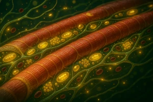 Precise visualization of healthy muscle structure and energy processes symbolizing natural strength and enhanced endurance supported by Roanga Planet deer velvet