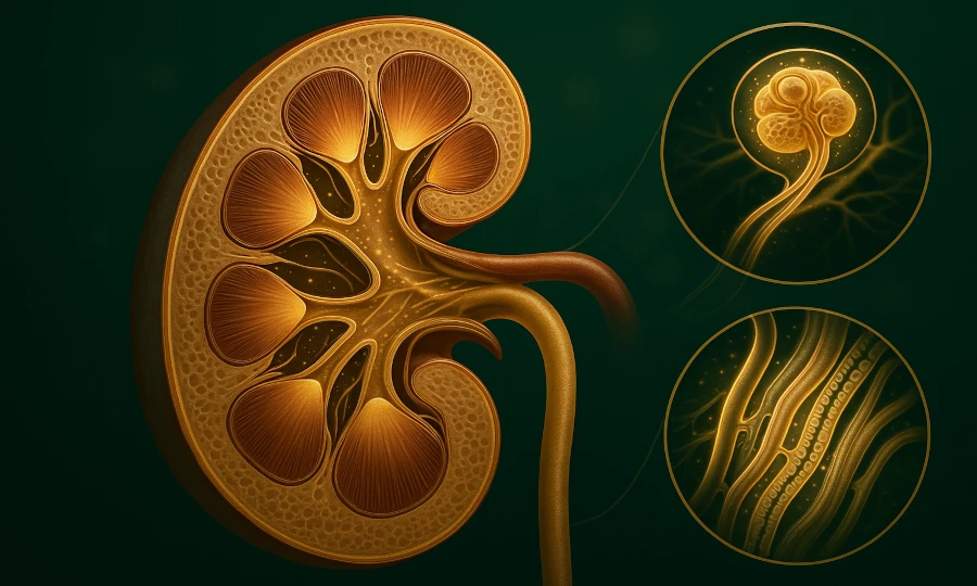 Elegant visualization of healthy kidneys symbolizing natural filtration and fluid balance supported by natural bioactive substances from Roanga Planet