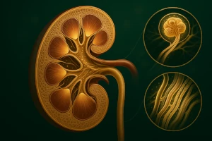 Detailed visualization of healthy kidneys and urinary system symbolizing support for natural filtration processes and fluid balance thanks to Roanga Planet products