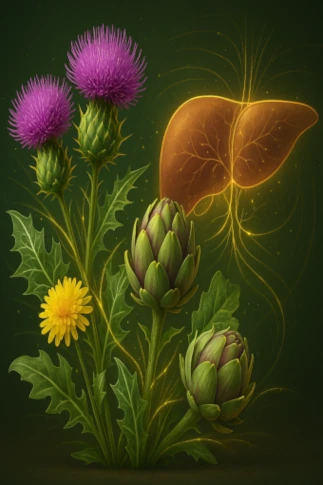 Milk thistle and other herbs supporting detoxification functions of the liver and gallbladder in Roanga Purea