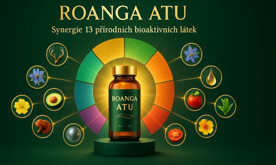 Premium Roanga ATU supplement in amber bottle with green label, surrounded by a glowing circle ofseven colored pillars and symbols of 13 natural ingredients including deer velvet, borage, reishi and other bioactive substances