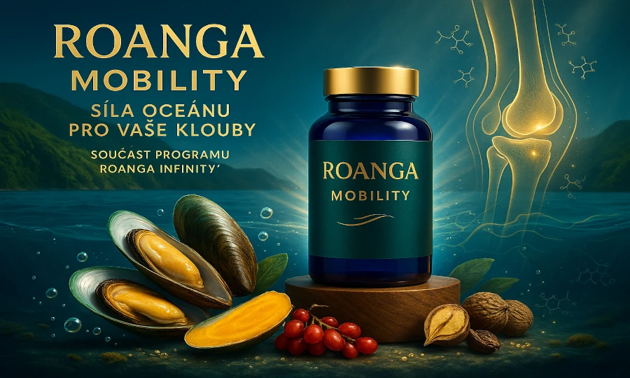 Premium green-lipped mussel extract Roanga Mobility in an elegant dark bottle, surrounded by the pristine waters of New Zealand and visualization of healthy joints