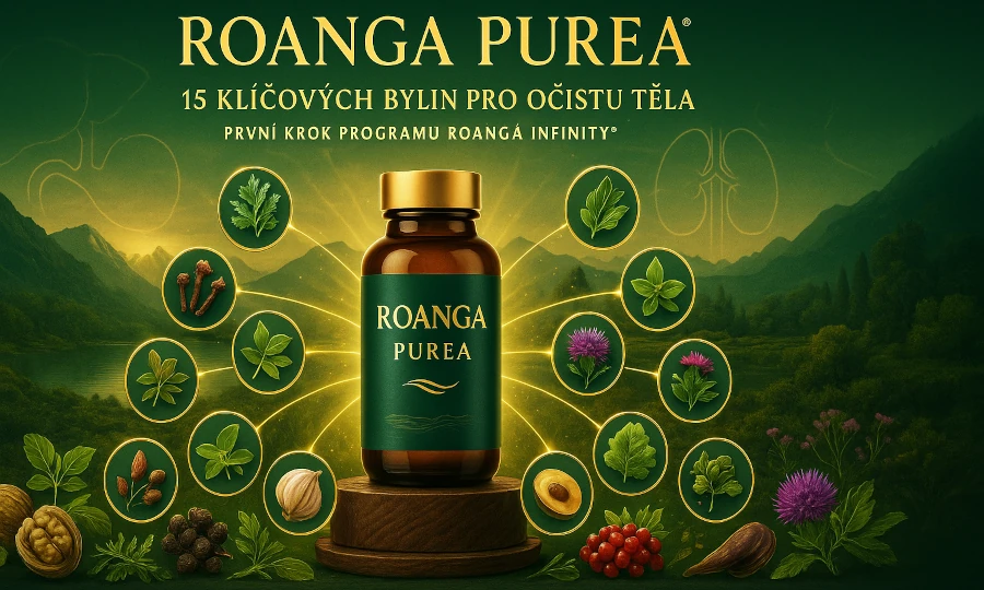 Premium Roanga Purea supplement in dark amber bottle with green label and gold cap on wooden base, surrounded by golden medallions featuring 15 key herbs including milk thistle, wormwood, and black walnut. Majestic New Zealand landscape in background with subtle outlines of detoxification organs, symbolizing a natural cleansing system.
