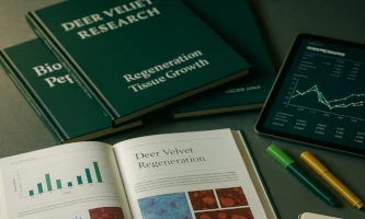 Scientific publications on deer velvet with open book showing graphs and microscopic images of tissue regeneration, complemented by tablet displaying statistical research analyses