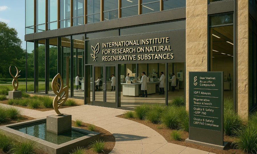 Modern research institution specialized in natural regenerative substances, with a view into laboratory full of scientists studying bioactive components of deer velvet