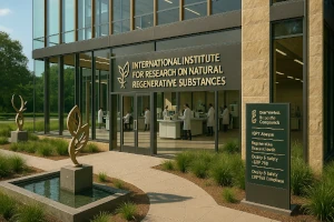 Modern research institution specialized in natural regenerative substances, with a view into laboratory full of scientists studying bioactive components of deer velvet